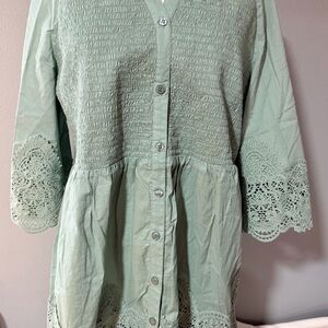 Green Button-Up Lace Trim Top